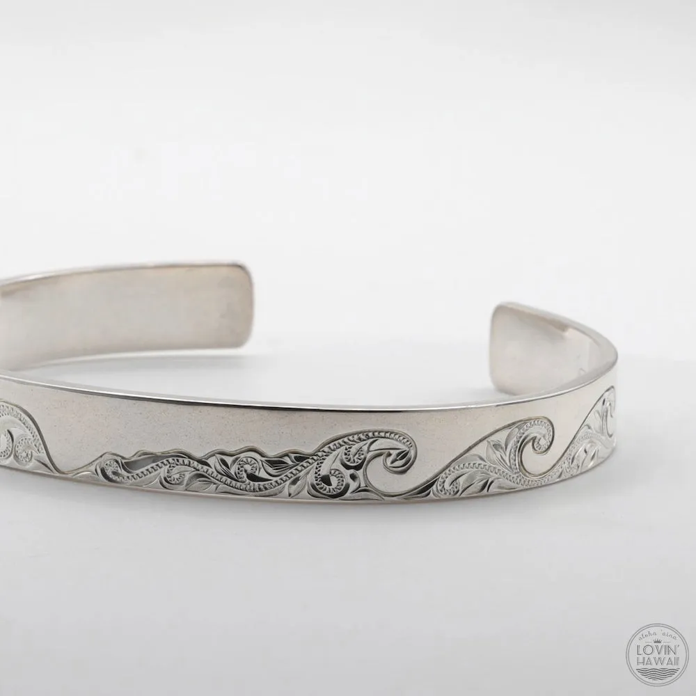 Ocean Wave Bracelet From Hawaii,Hand Engraved Design (8mm width, Flat Style)
