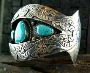 Old Pawn Silver and Turquoise Cuff Bracelet M J Signed