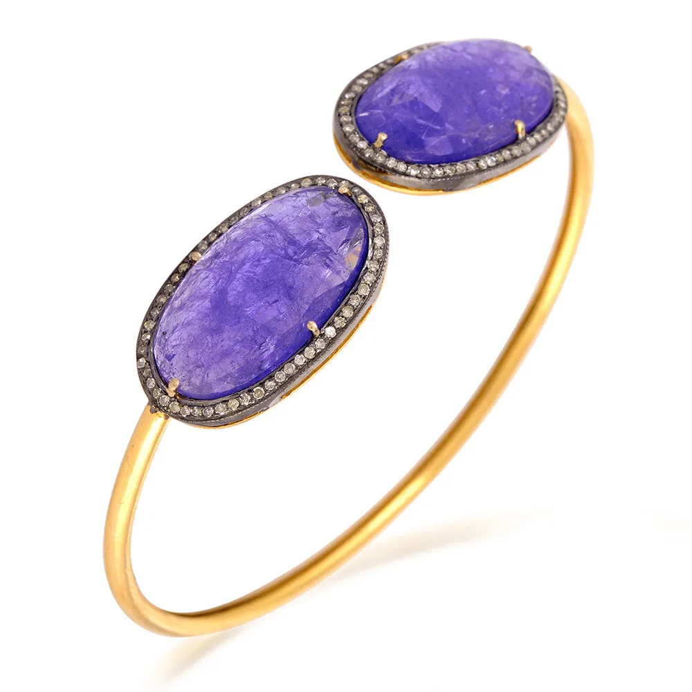 Oval Cut Tanzanite Pave Diamond Open Cuff Bracelet In 14K Yellow Gold 925 Silver