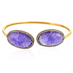 Oval Cut Tanzanite Pave Diamond Open Cuff Bracelet In 14K Yellow Gold 925 Silver