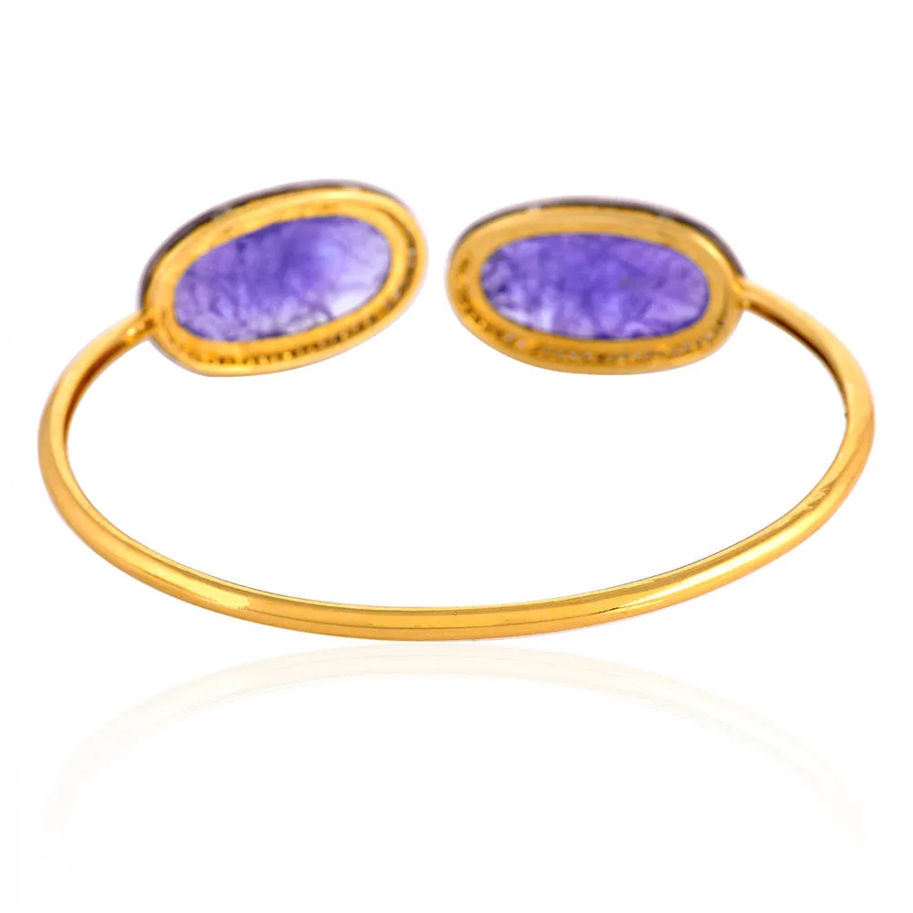 Oval Cut Tanzanite Pave Diamond Open Cuff Bracelet In 14K Yellow Gold 925 Silver