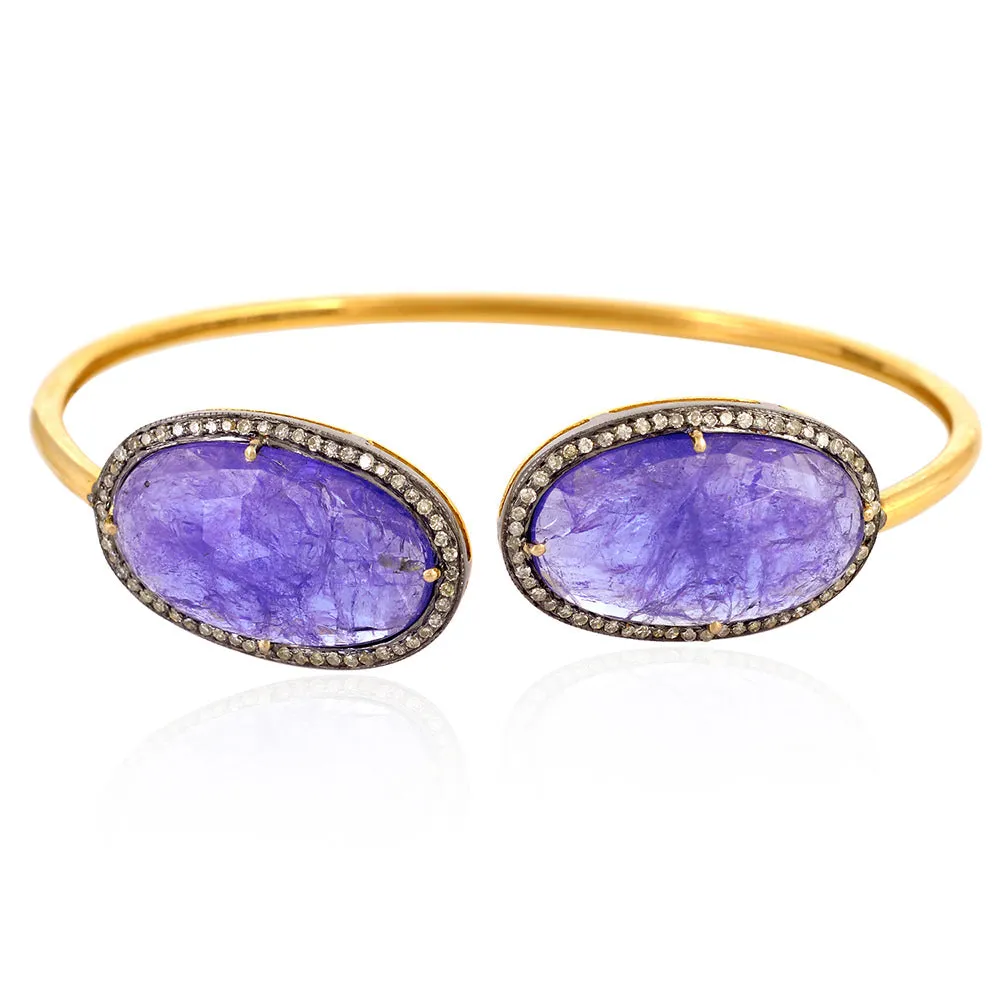 Oval Cut Tanzanite Pave Diamond Open Cuff Bracelet In 14K Yellow Gold 925 Silver