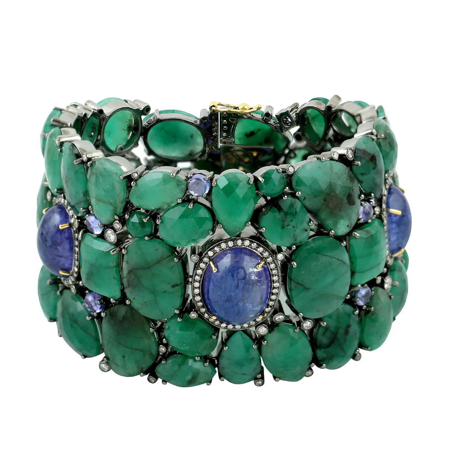 Oval Tanzanite Unshaped Emerald Bezel Diamond In Yellow Gold Silver Statement Bracelet