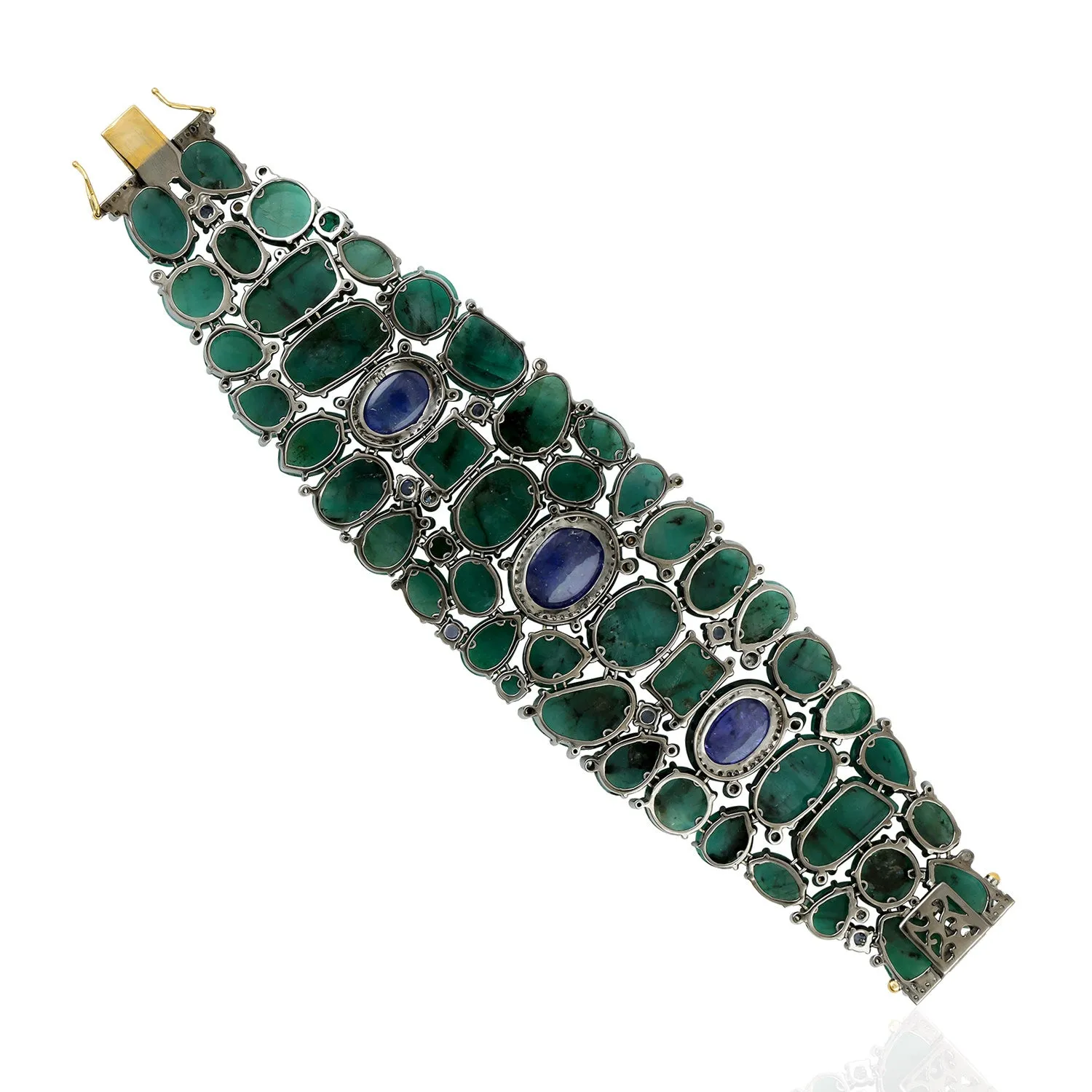Oval Tanzanite Unshaped Emerald Bezel Diamond In Yellow Gold Silver Statement Bracelet