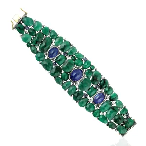 Oval Tanzanite Unshaped Emerald Bezel Diamond In Yellow Gold Silver Statement Bracelet
