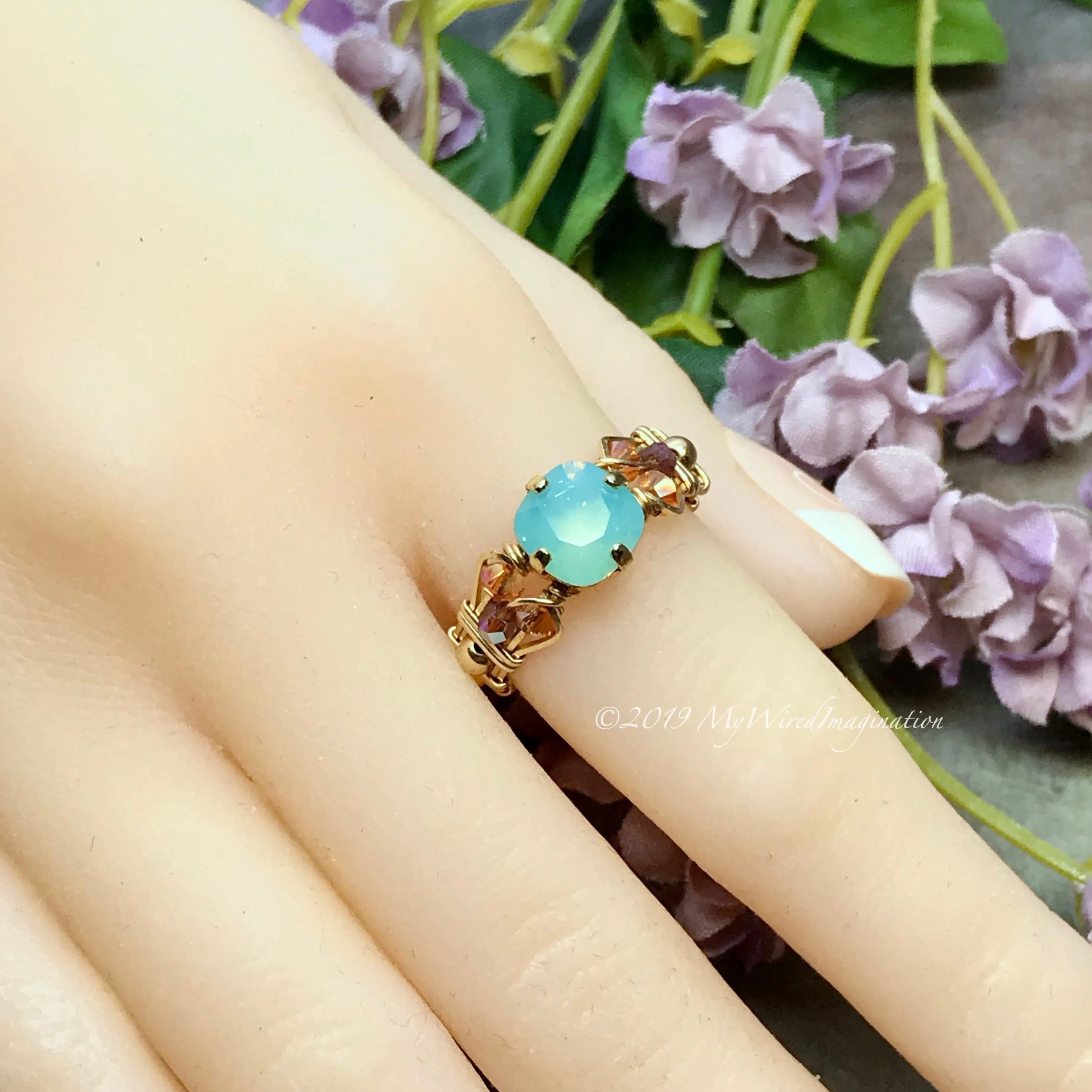 Pacific Opal, Genuine Swarovski Crystal, Handmade Ring, Pale Blue Green Opal, US Size 7