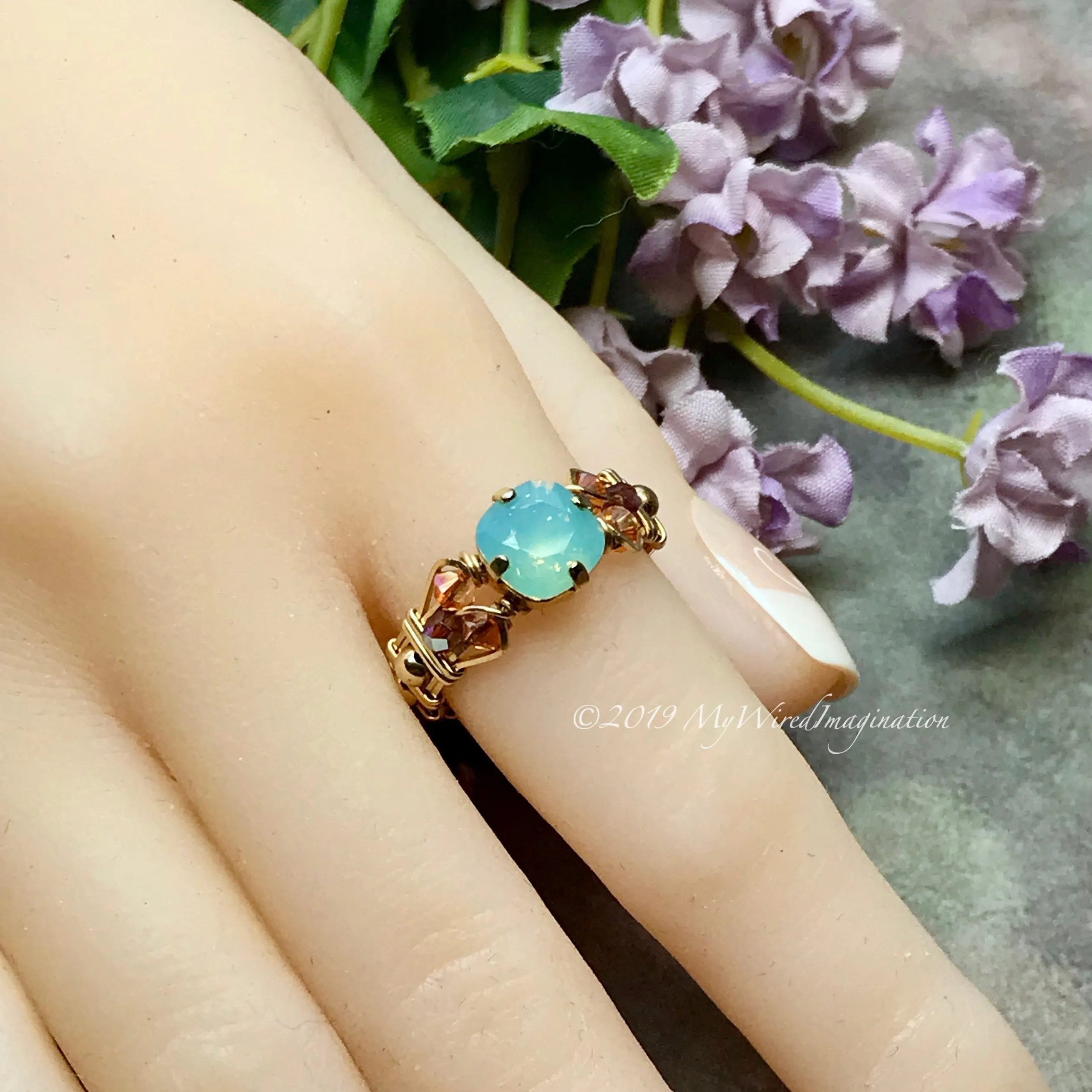 Pacific Opal, Genuine Swarovski Crystal, Handmade Ring, Pale Blue Green Opal, US Size 7
