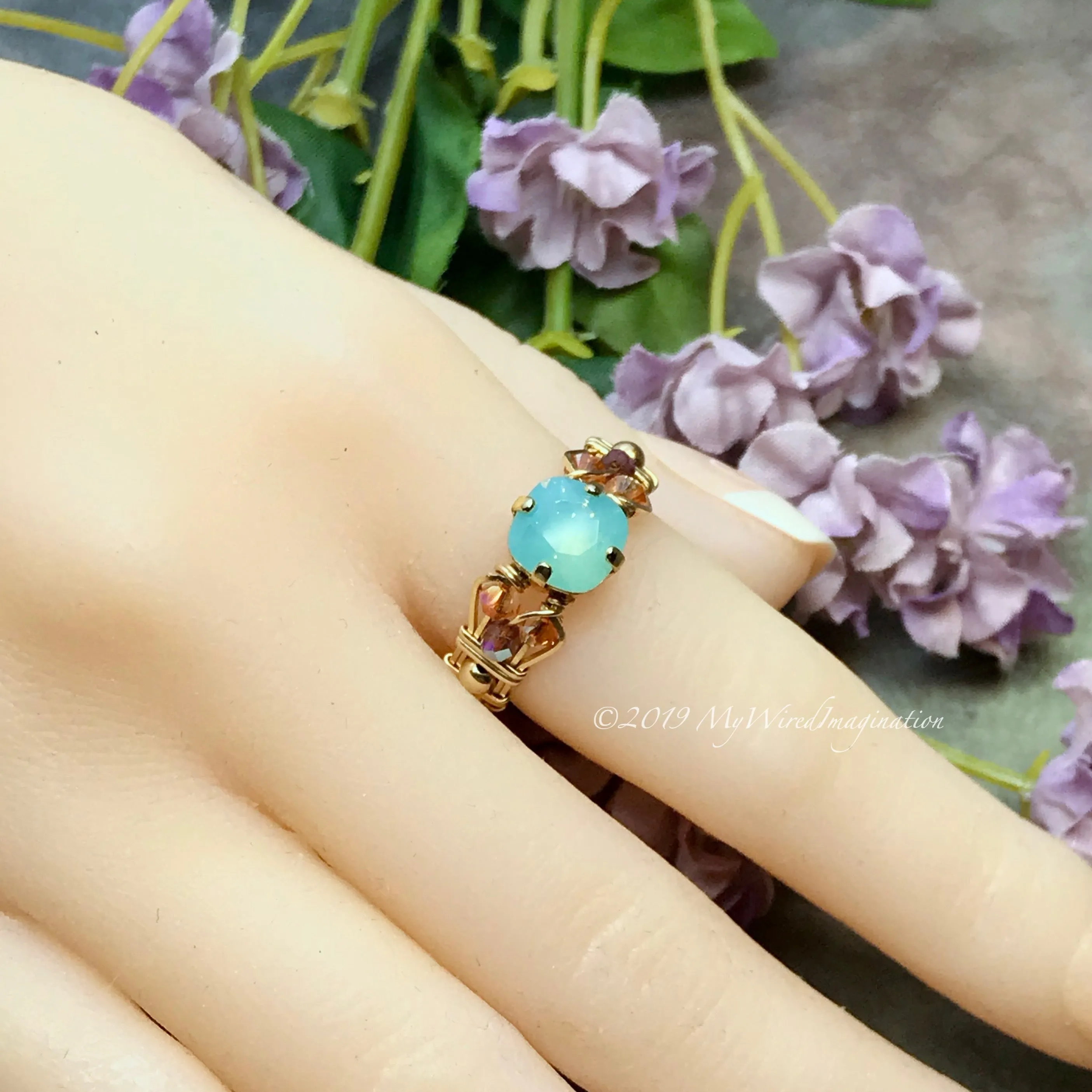 Pacific Opal, Genuine Swarovski Crystal, Handmade Ring, Pale Blue Green Opal, US Size 7