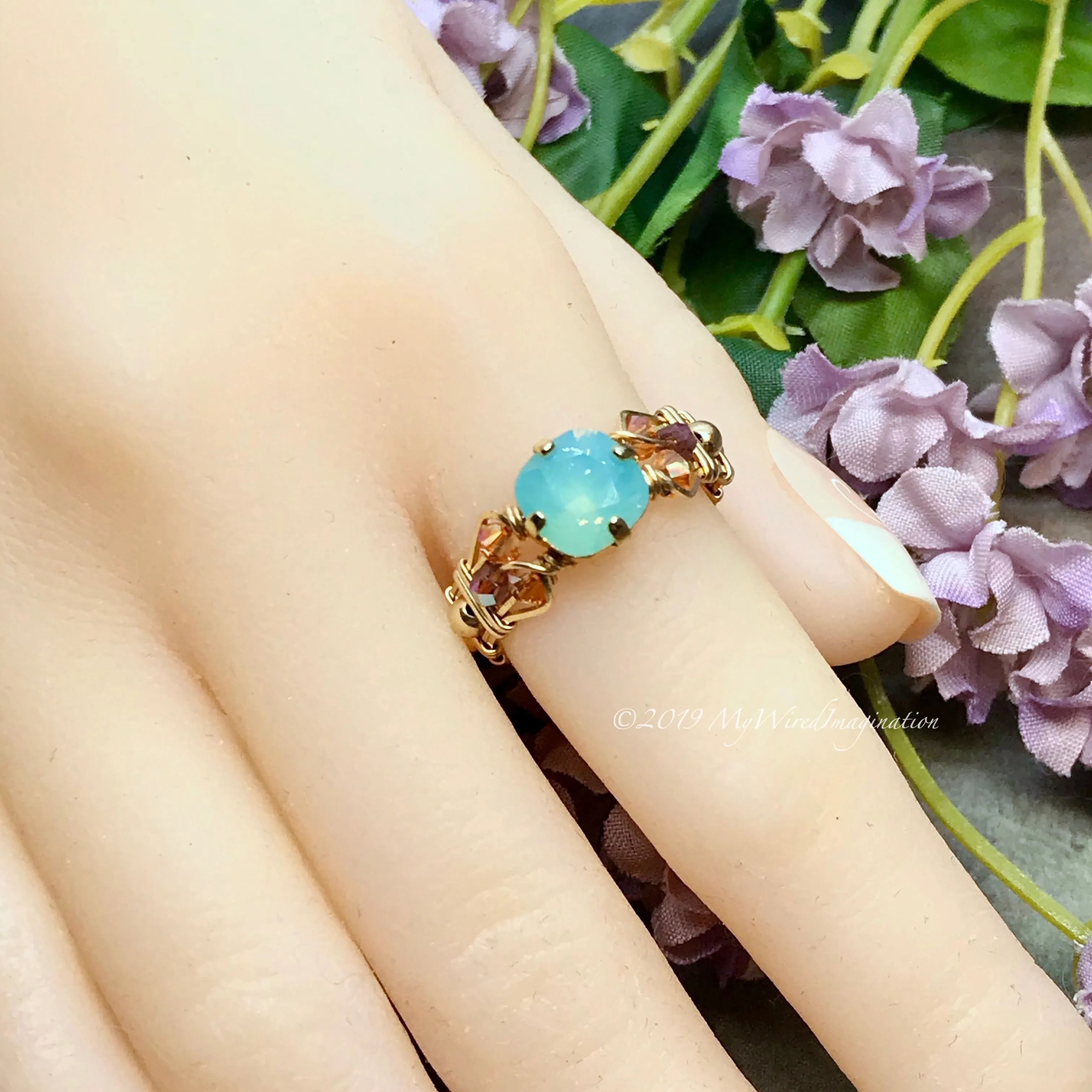 Pacific Opal, Genuine Swarovski Crystal, Handmade Ring, Pale Blue Green Opal, US Size 7