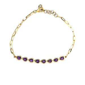 Paperclip bracelet with pear shaped amethyst bezels