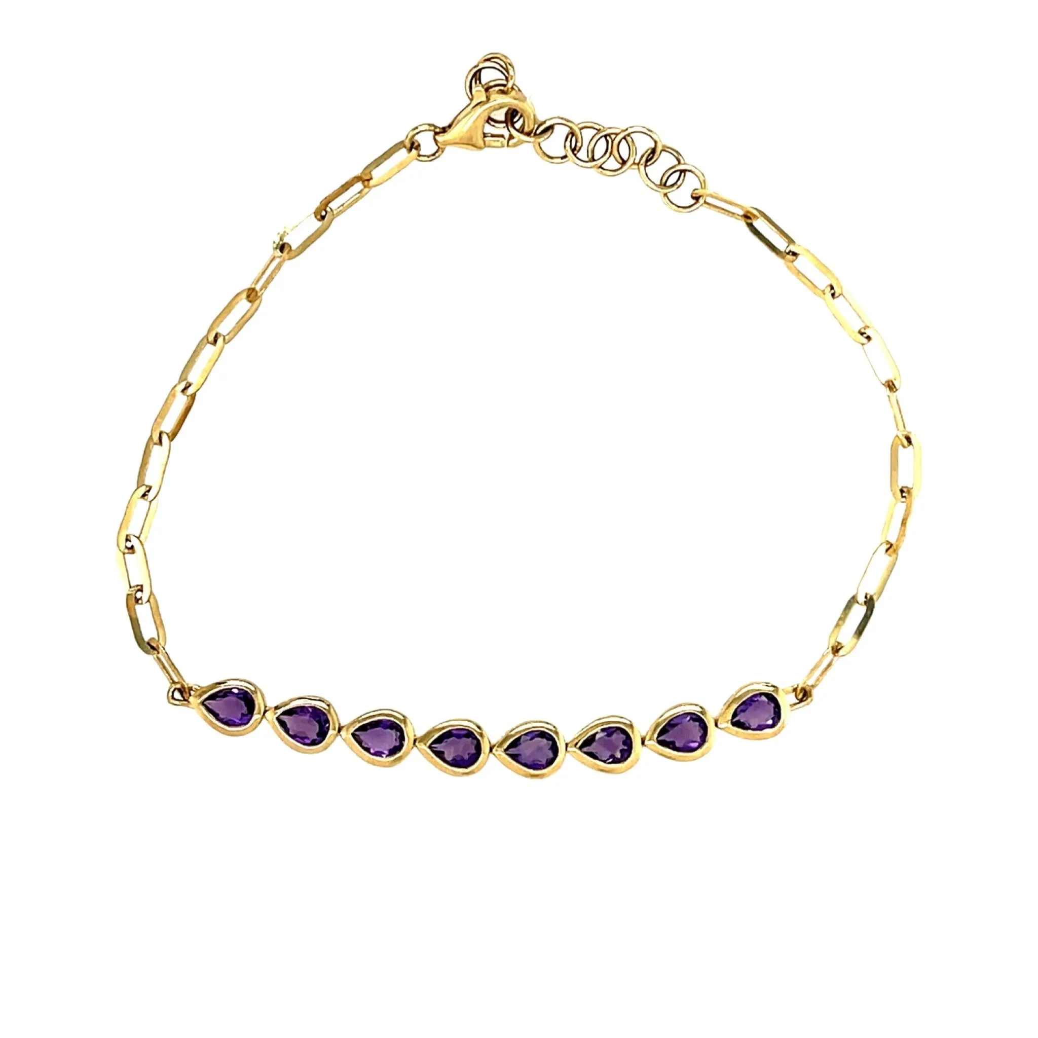 Paperclip bracelet with pear shaped amethyst bezels