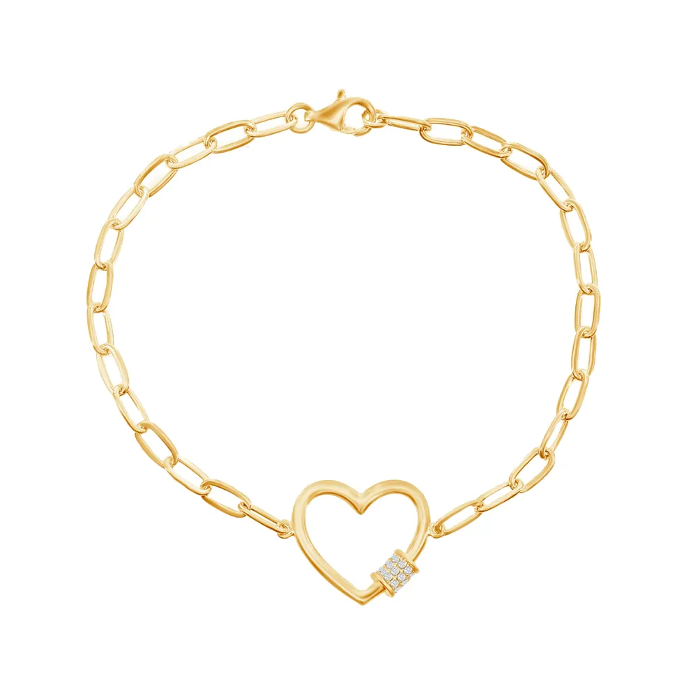 Pave Heart Link Paperclip Chain Bracelet