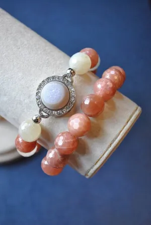 PEACH MOONSTONE AND WHITE DRUZY CRYSTALS STRETCHY BRACELETS SET