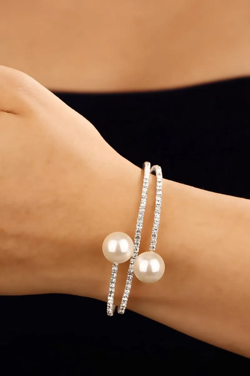 Pearl Rhinestone Layered Wrap Cuff Bracelets