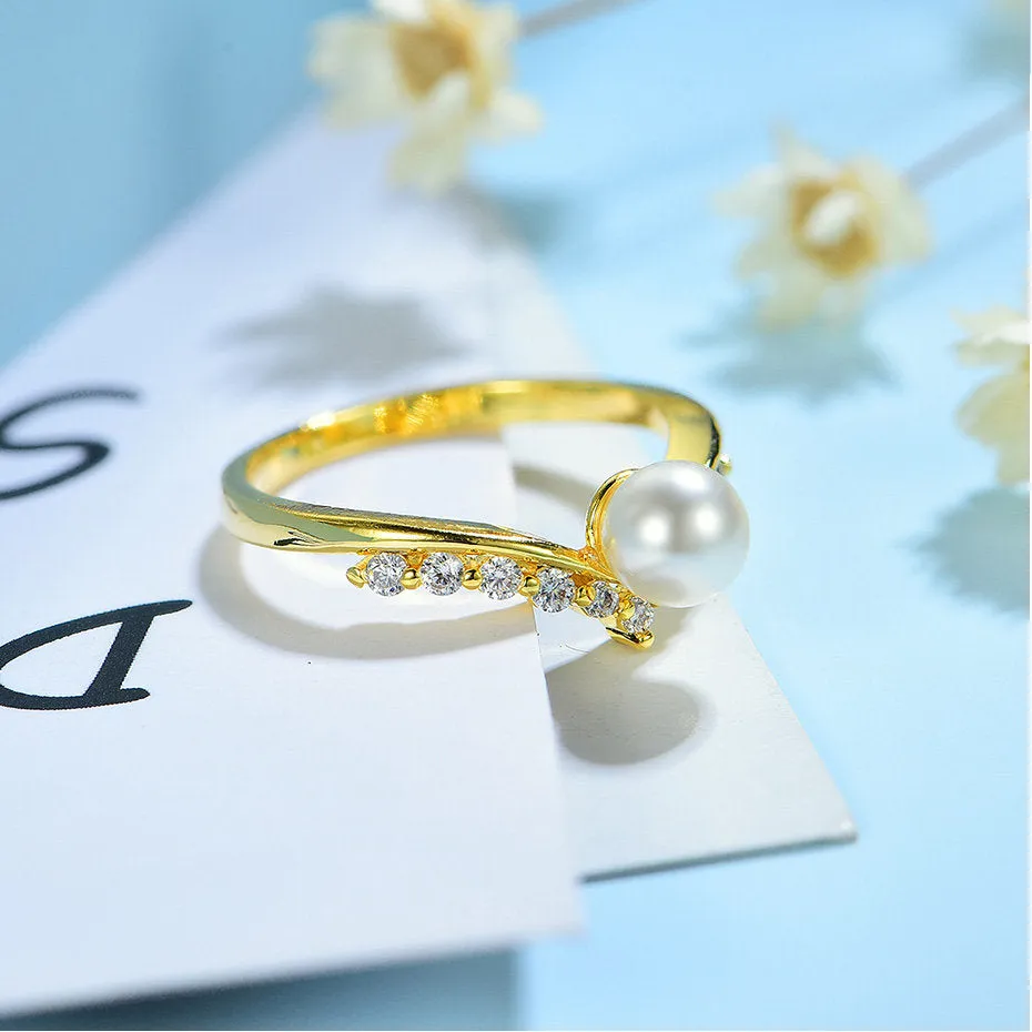 Pearl Unique Moissanite Multi Stone Engagement Ring For Women 10k , 14k , 18k yellow Gold Half Eternity Celtic Wedding Band Anniversary gift
