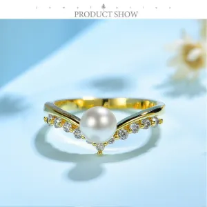 Pearl Unique Moissanite Multi Stone Engagement Ring For Women 10k , 14k , 18k yellow Gold Half Eternity Celtic Wedding Band Anniversary gift