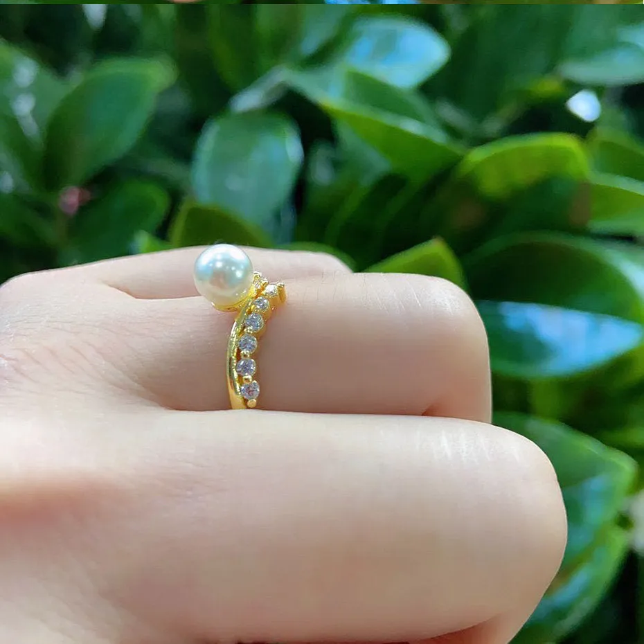 Pearl Unique Moissanite Multi Stone Engagement Ring For Women 10k , 14k , 18k yellow Gold Half Eternity Celtic Wedding Band Anniversary gift