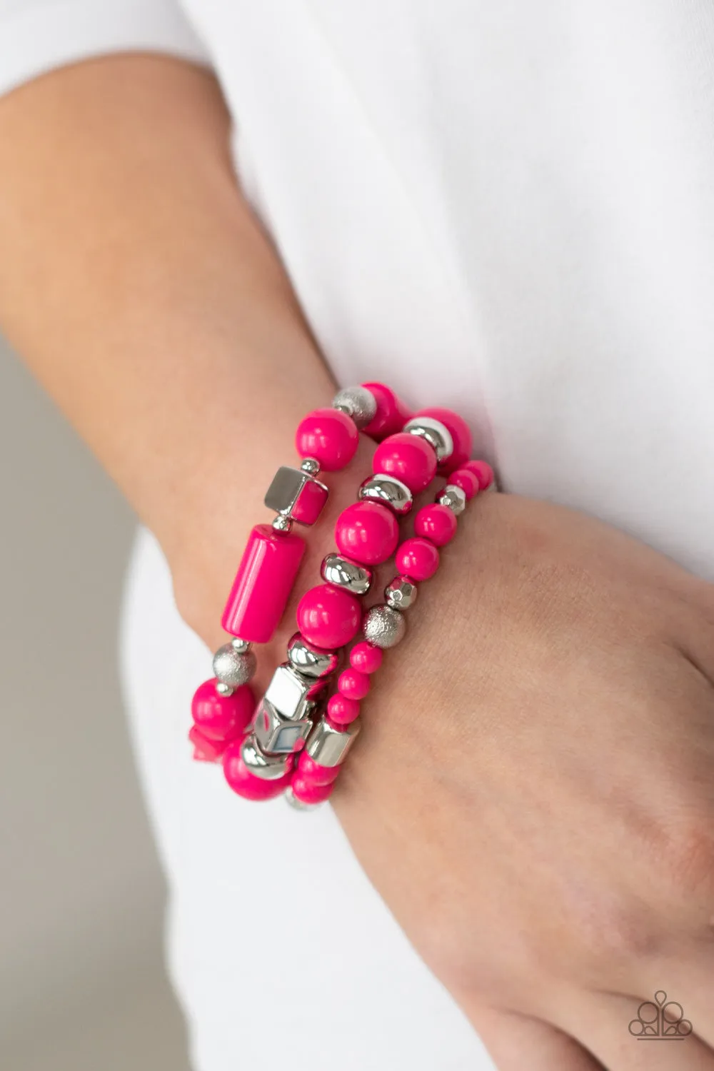 Perfectly Prismatic - Pink - Round, Cube, and Faceted Bead Paparazzi Stretchy Bracelet