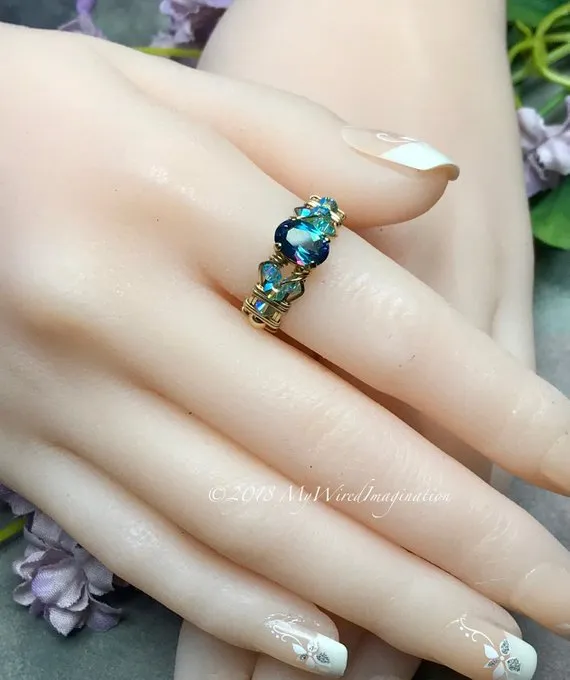 Petite Peacock Blue, Rainbow Mystic Topaz Handmade Ring, Made to Order