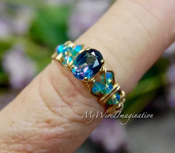 Petite Peacock Blue, Rainbow Mystic Topaz Handmade Ring, Made to Order