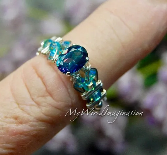 Petite Peacock Blue, Rainbow Mystic Topaz Handmade Ring, Made to Order