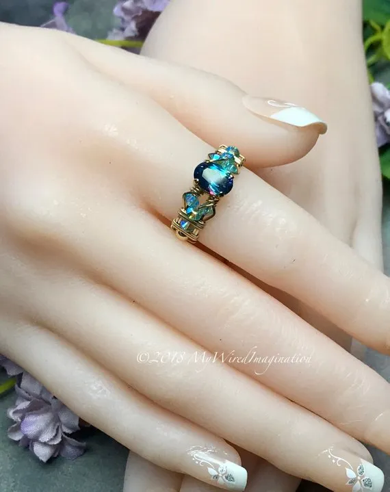Petite Peacock Blue, Rainbow Mystic Topaz Handmade Ring, Made to Order