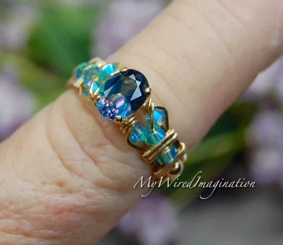 Petite Peacock Blue, Rainbow Mystic Topaz Handmade Ring, Made to Order