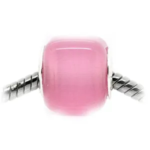 Pink Cats Eye Glass Cube European Bead Compatible for Most European Snake Chain Bracelet