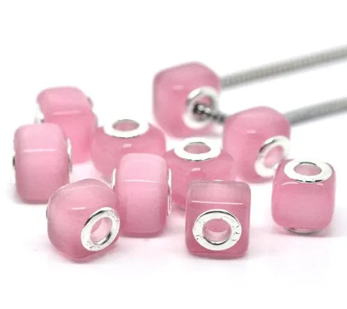 Pink Cats Eye Glass Cube European Bead Compatible for Most European Snake Chain Bracelet