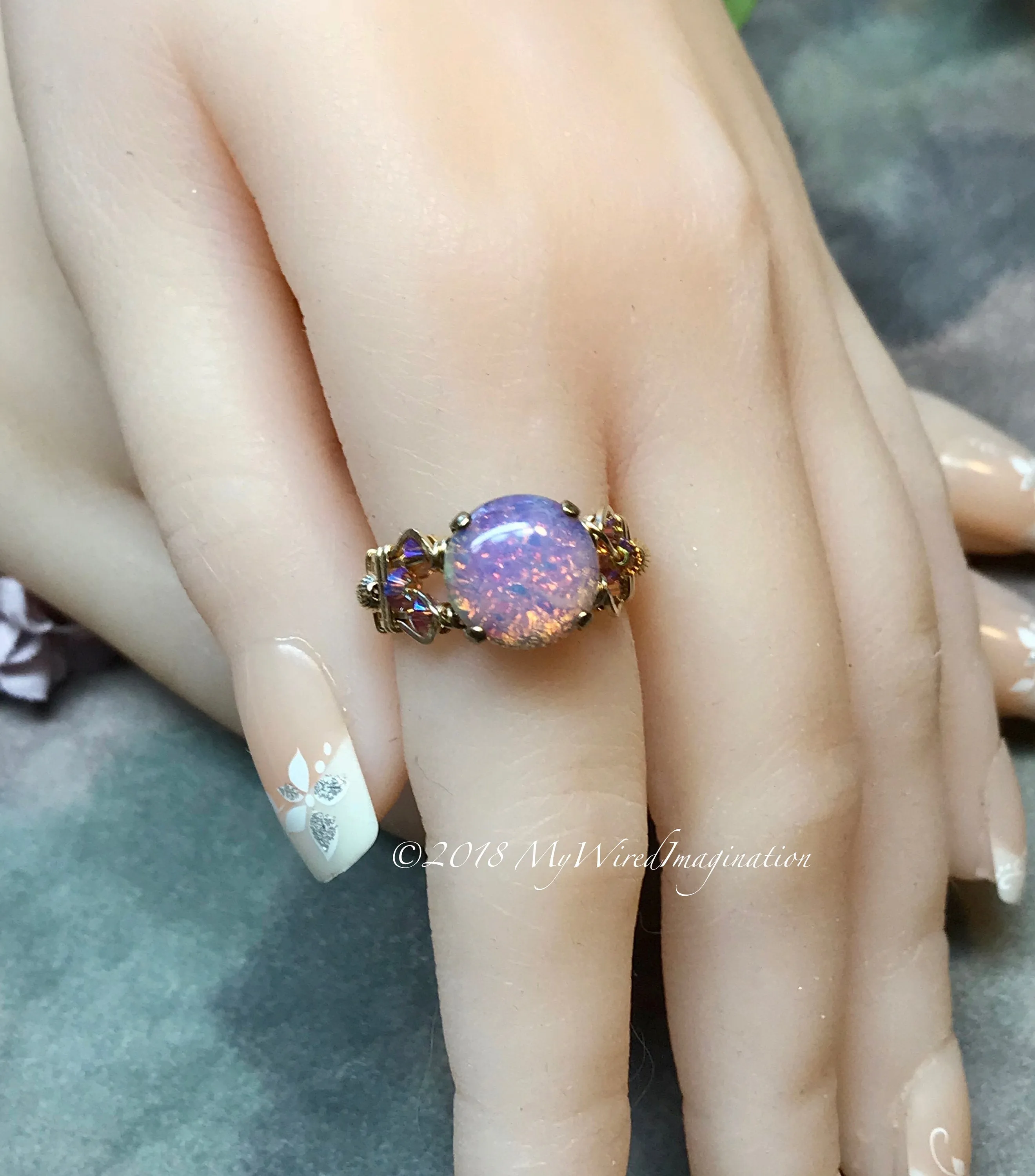 Pink Fire Opal, Vintage West German Glass Ring, Handmade Opal Ring