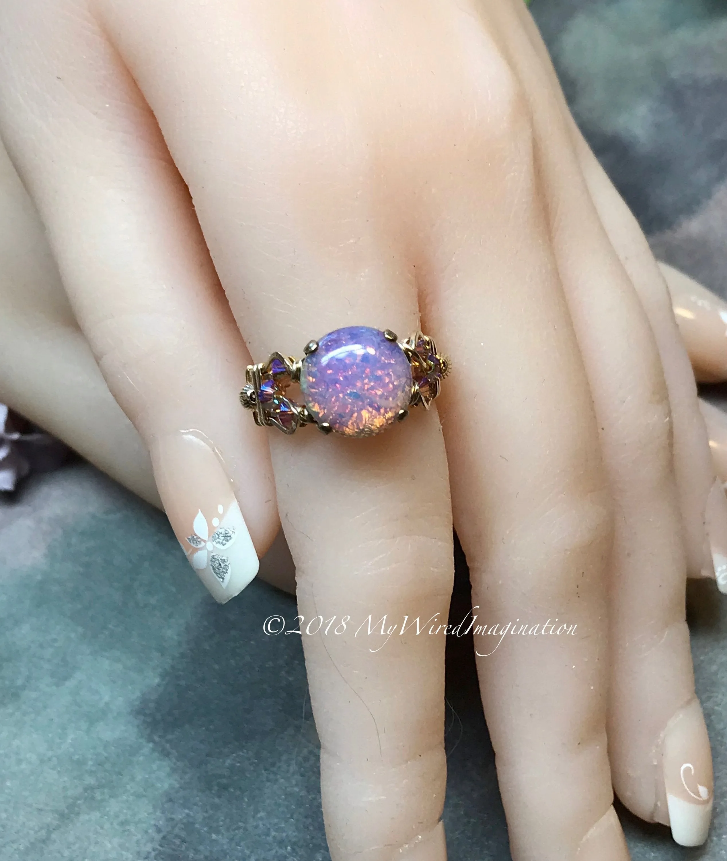 Pink Fire Opal, Vintage West German Glass Ring, Handmade Opal Ring