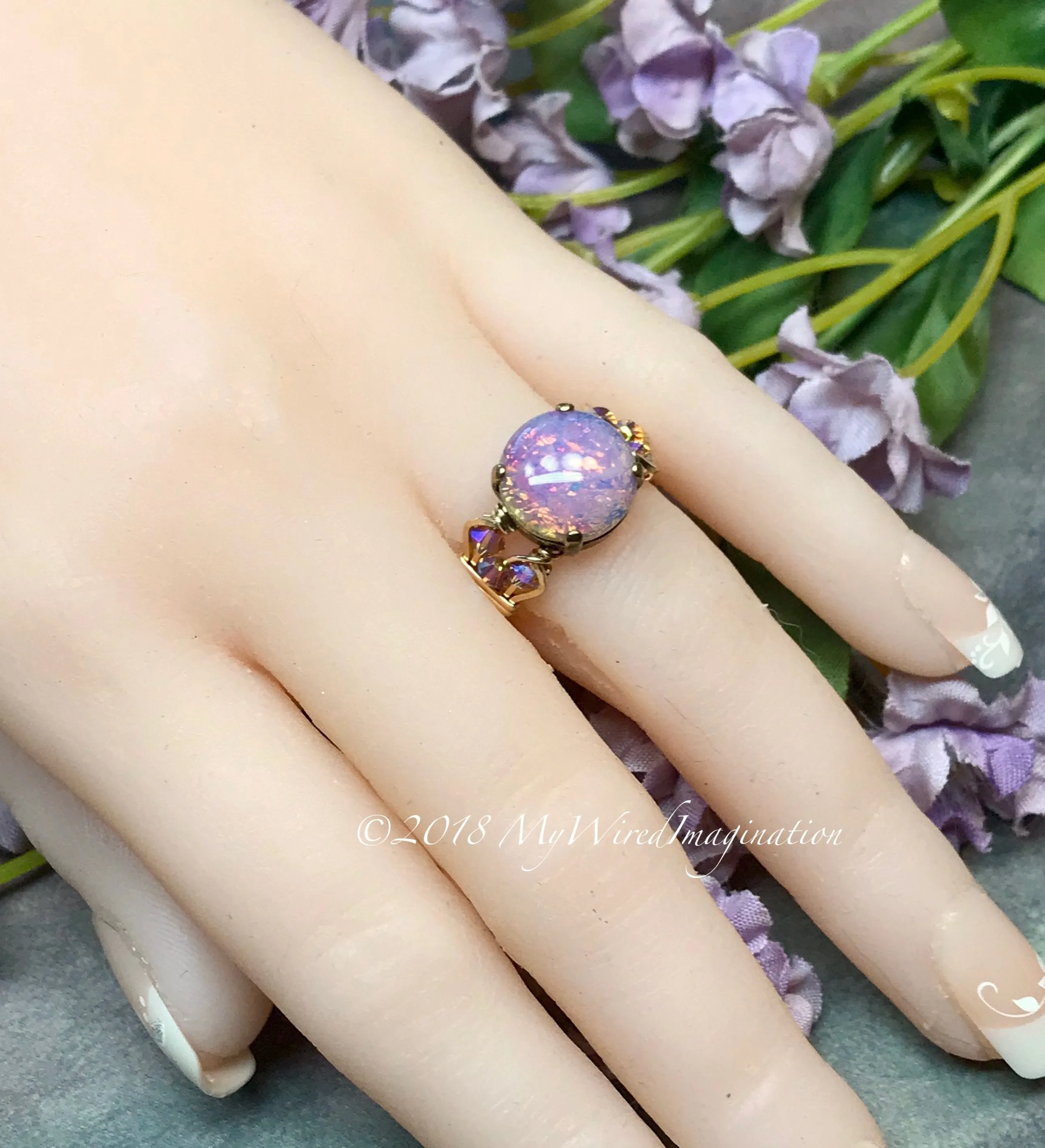 Pink Fire Opal, Vintage West German Glass Ring, Handmade Opal Ring