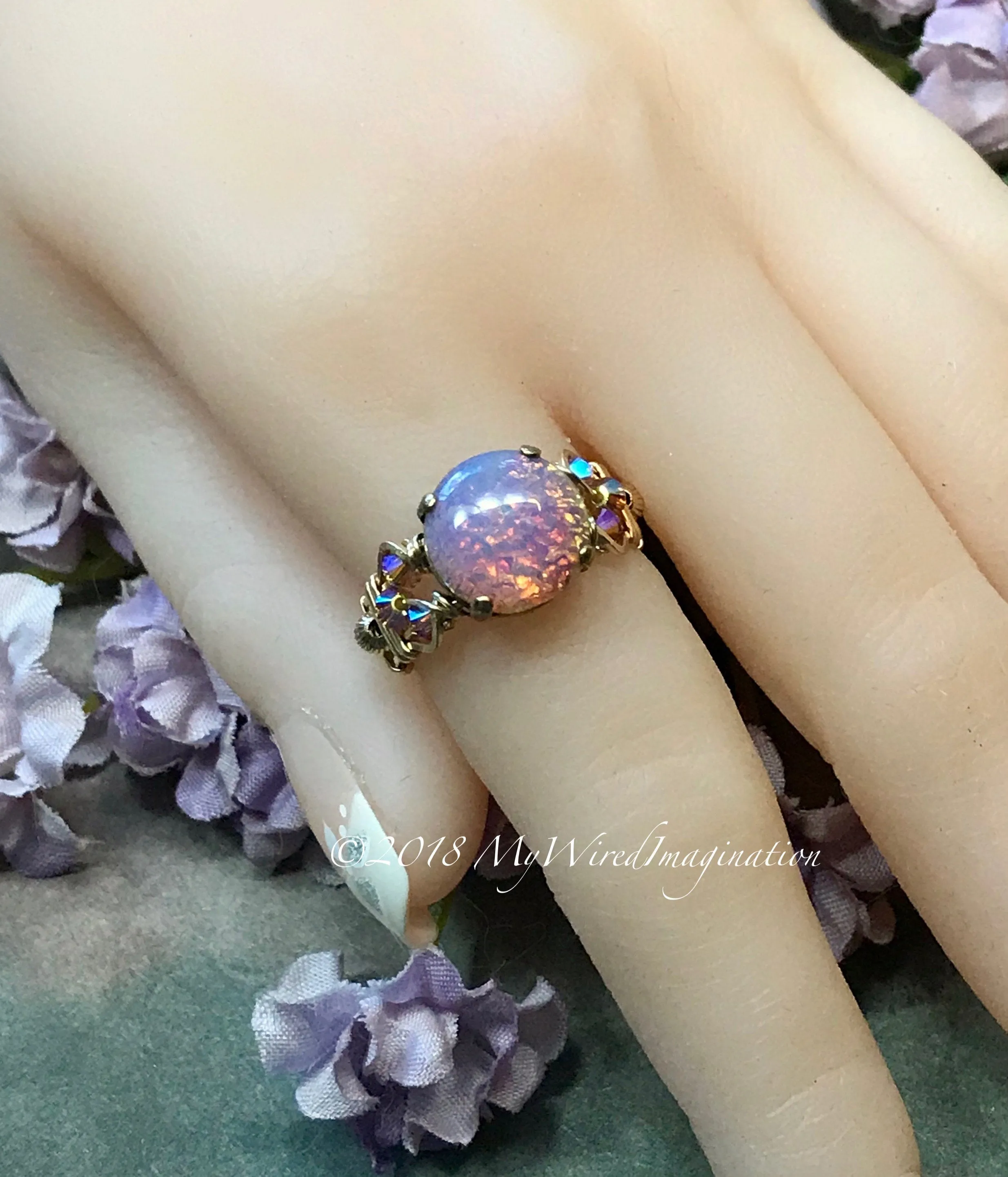 Pink Fire Opal, Vintage West German Glass Ring, Handmade Opal Ring