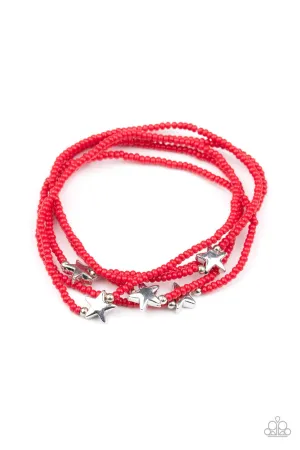 Pretty Patriotic - Red - Seed Bead Silver Star Patriotic Americana Paparazzi Stretchy Bracelet