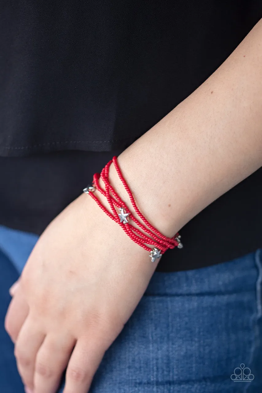 Pretty Patriotic - Red - Seed Bead Silver Star Patriotic Americana Paparazzi Stretchy Bracelet