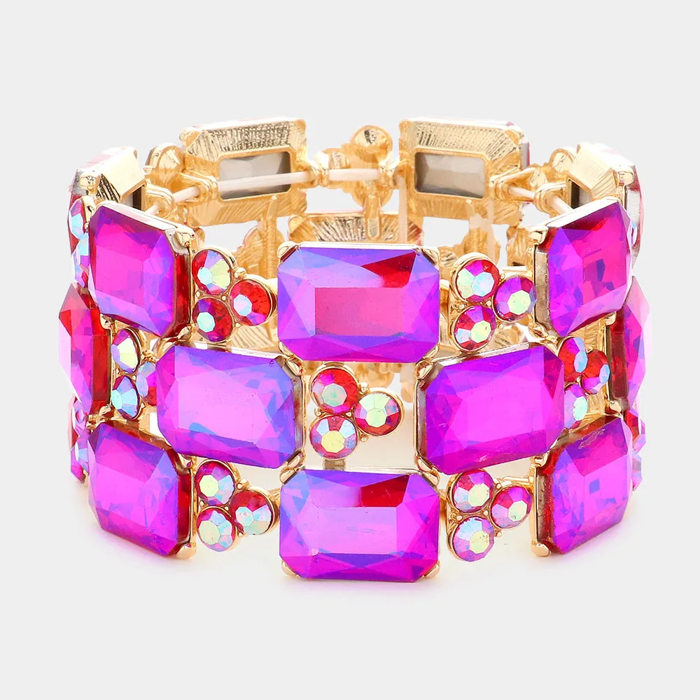 Purple Emerald Cut Stone Accented Pageant Stretch Bracelet  | Crystal Bracelet | 581622