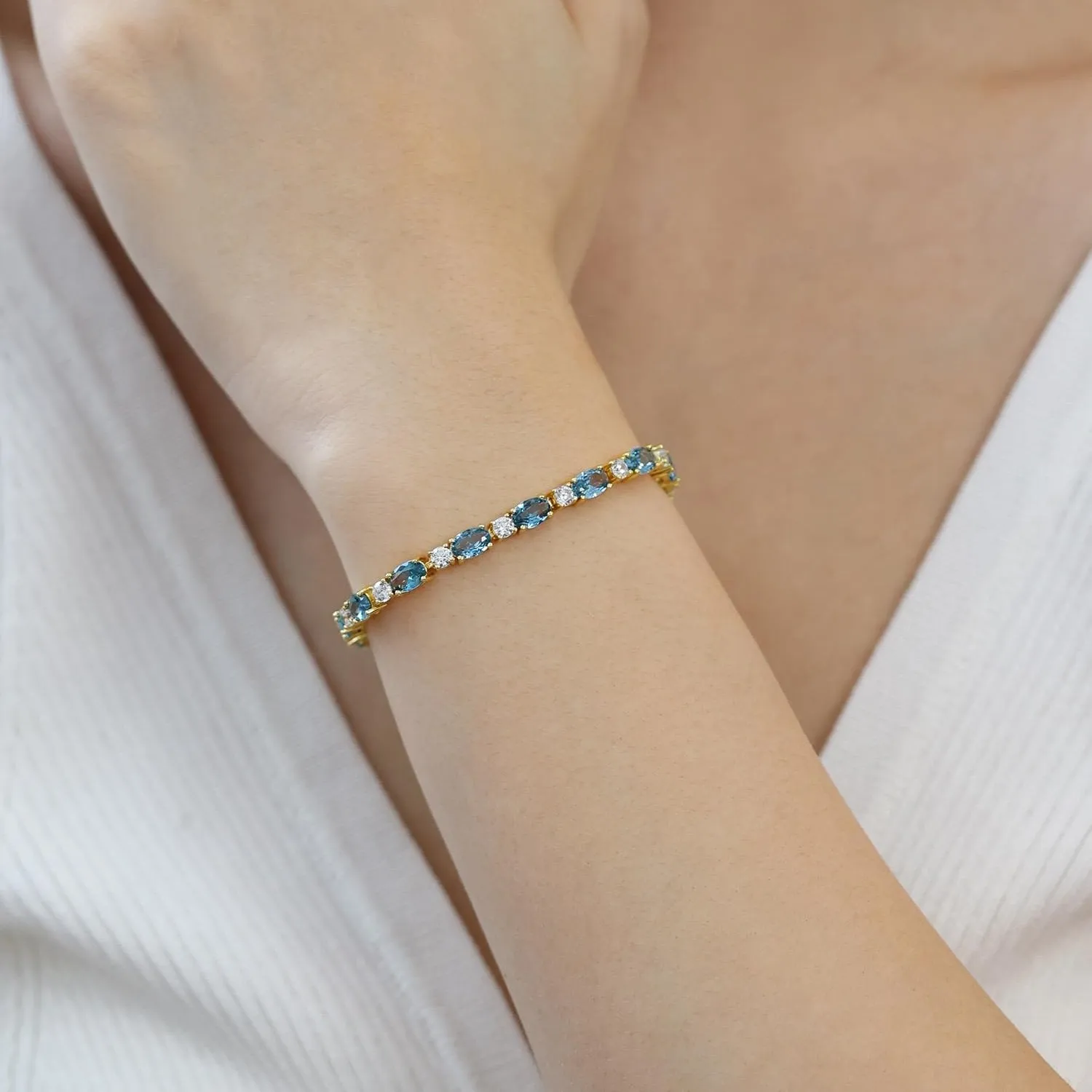 "Glamour Radiance" December Birthstone Fancy Cut Tennis Blue Topaz Sterling Silver Bracelet