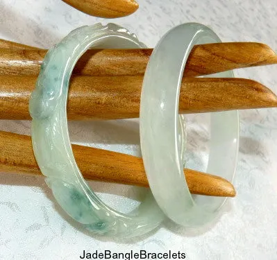 "Sister Set" Carved and Smooth Jadeite Jade Set of 2 Bangle Bracelets 57mm (JBB3218)