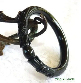 "Two Dragons Hold Pearl" Deep Green-Black Chinese Jade Carved Bangle Bracelet 53mm 56mm 58mm 60mm 61mm  (DC-DD)