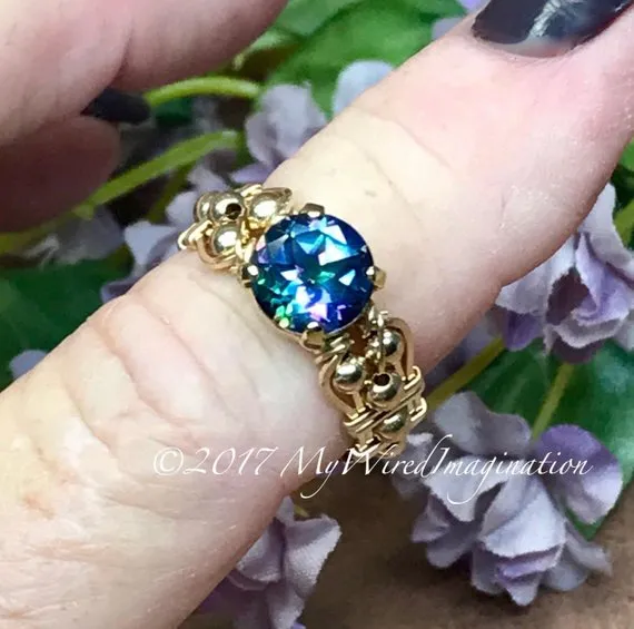 Rainbow Blue Mystic Topaz, Genuine Mystic Topaz, Handmade Ring 14 K GF US Size 6