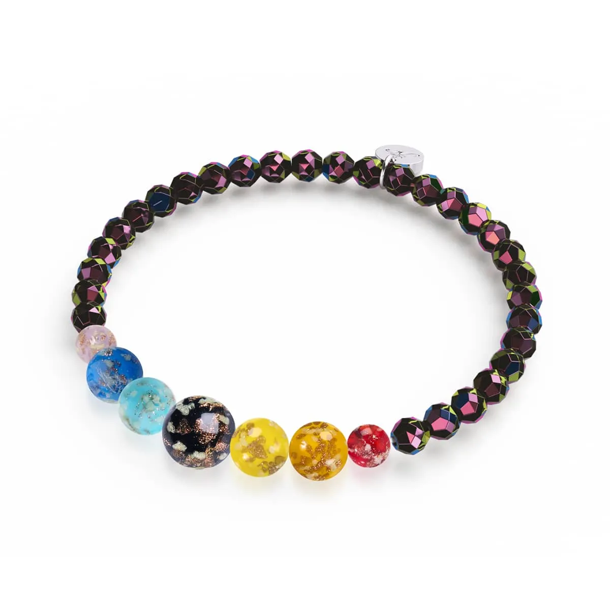 Rainbow Road | Eclipse Hematite | Solid Firefly Glass Chakra Bracelet