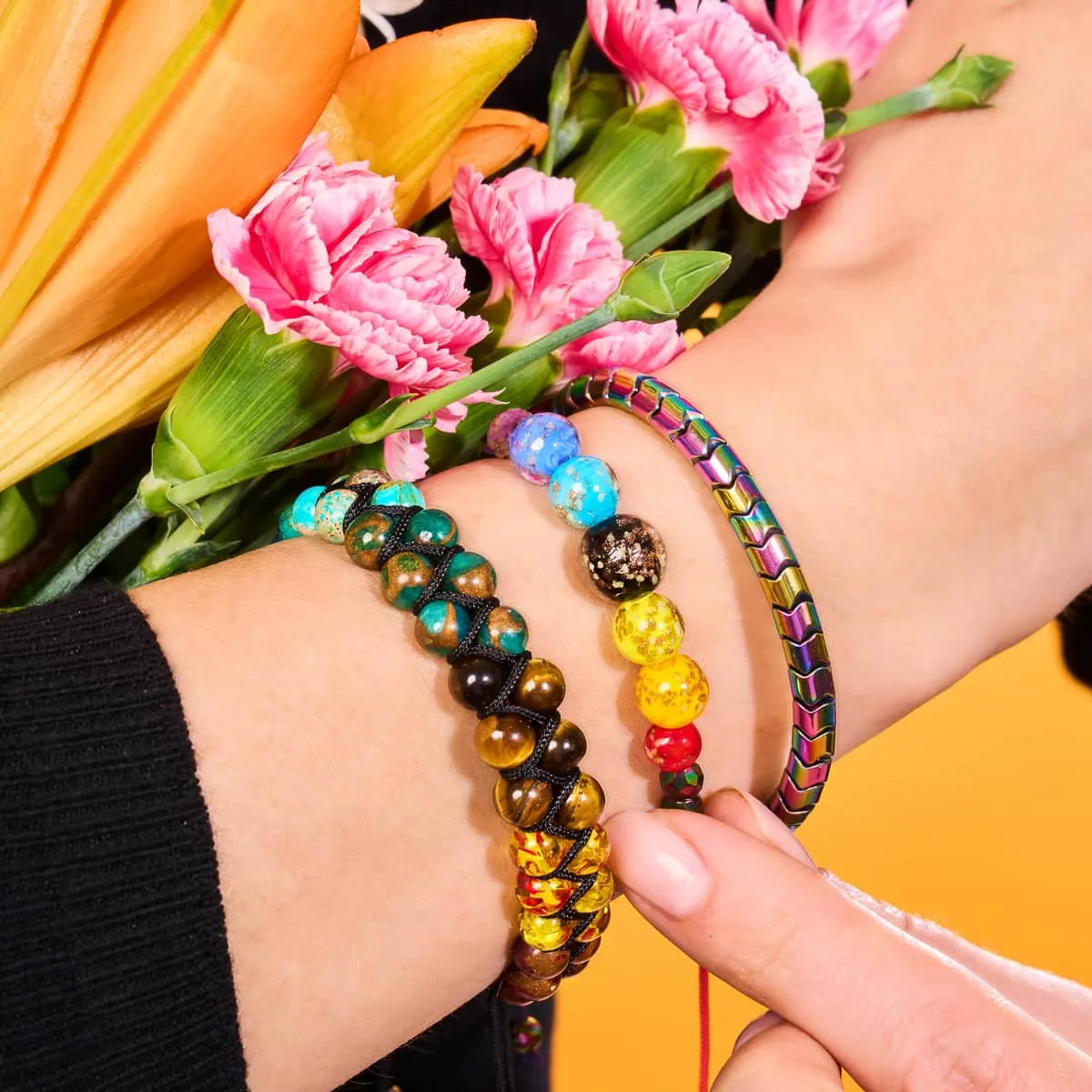 Rainbow Road | Eclipse Hematite | Solid Firefly Glass Chakra Bracelet
