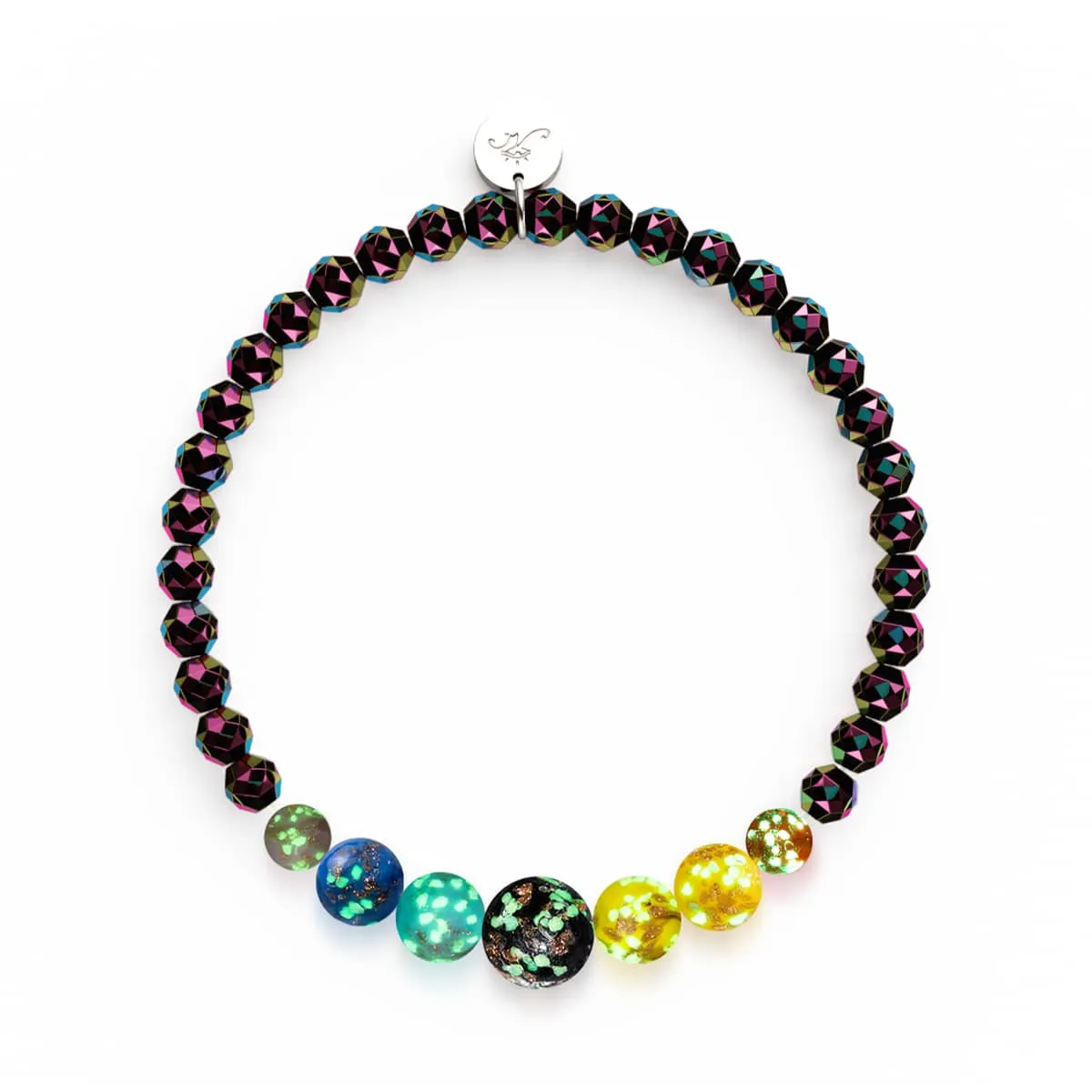 Rainbow Road | Eclipse Hematite | Solid Firefly Glass Chakra Bracelet