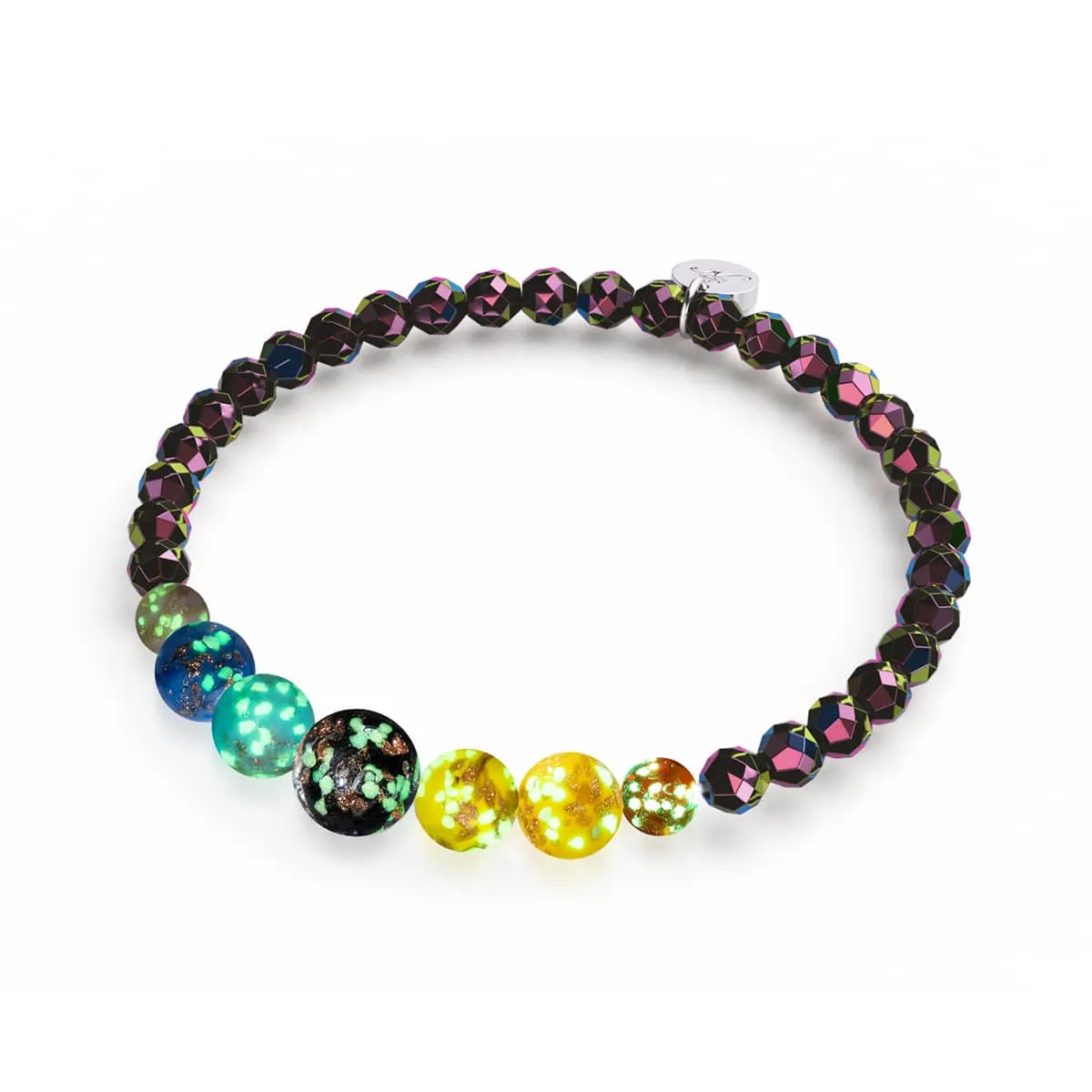 Rainbow Road | Eclipse Hematite | Solid Firefly Glass Chakra Bracelet