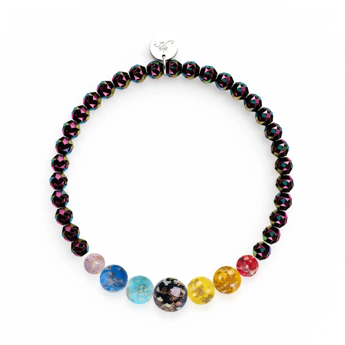 Rainbow Road | Eclipse Hematite | Solid Firefly Glass Chakra Bracelet