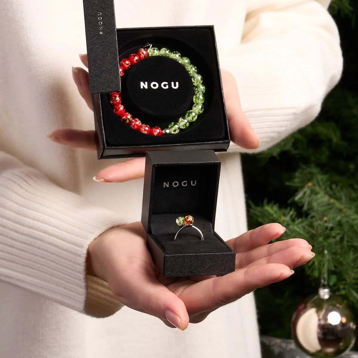 Red Holly x Frosted Mistletoe | .925 Sterling Silver | Firefly Glass Bracelet