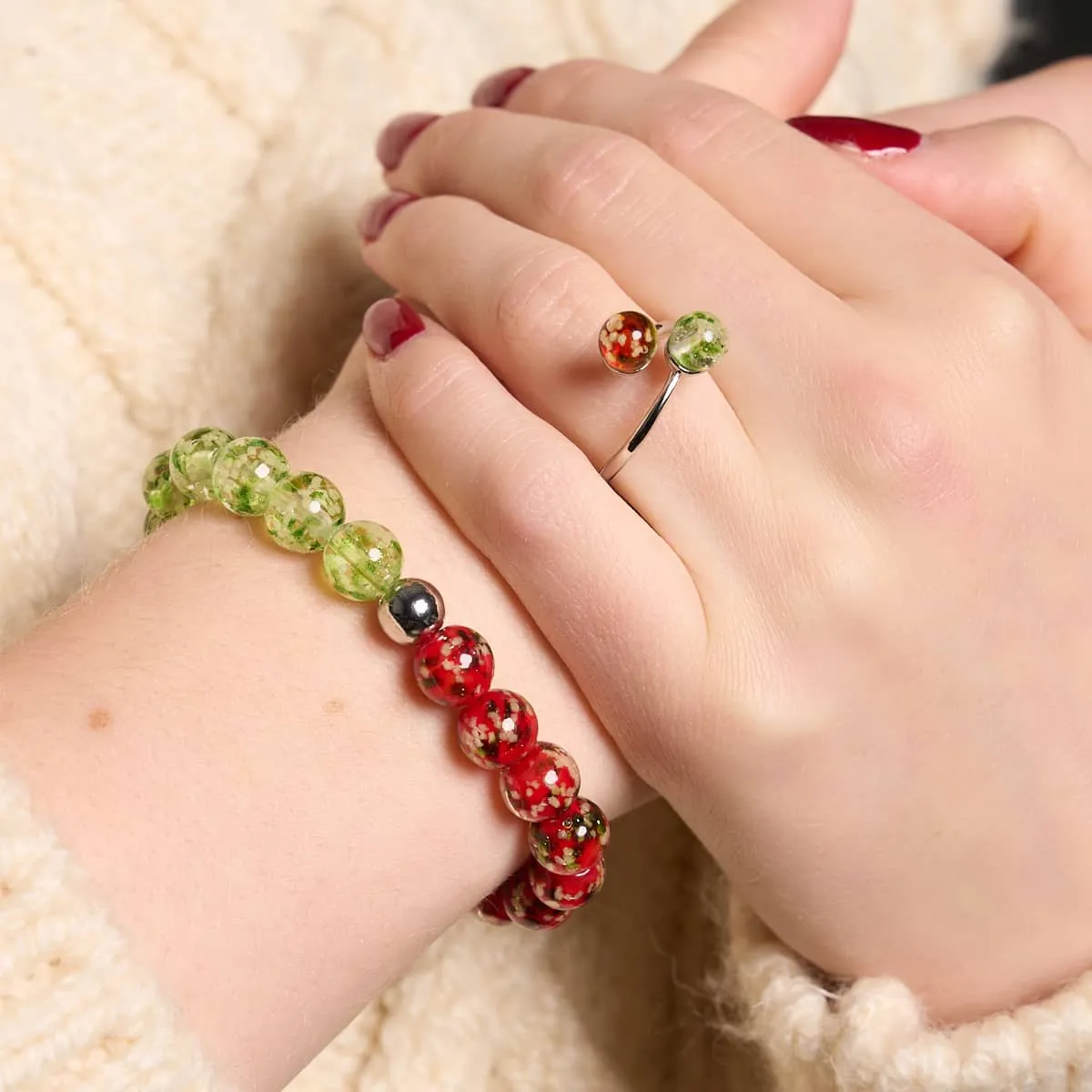 Red Holly x Frosted Mistletoe | .925 Sterling Silver | Firefly Glass Bracelet