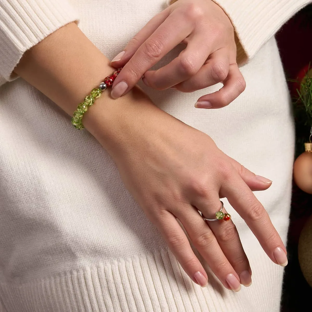 Red Holly x Frosted Mistletoe | .925 Sterling Silver | Firefly Glass Bracelet