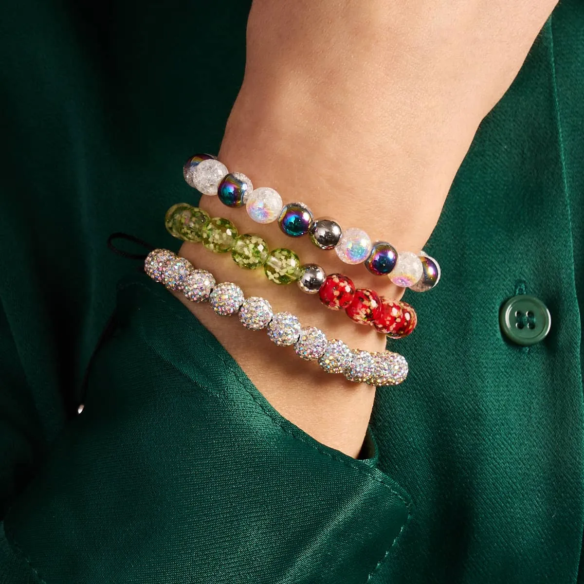 Red Holly x Frosted Mistletoe | .925 Sterling Silver | Firefly Glass Bracelet