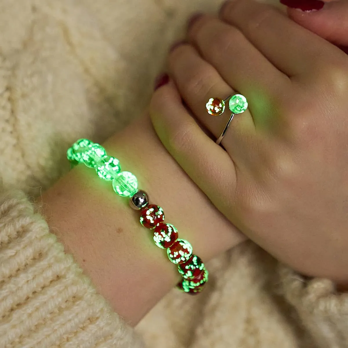 Red Holly x Frosted Mistletoe | .925 Sterling Silver | Firefly Glass Bracelet